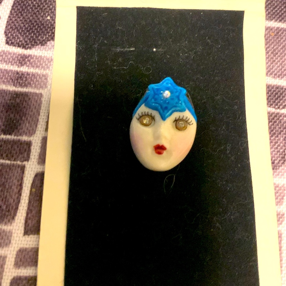 Vintage Adagio Porcelain Face Hand Crafted Signed Brooch Pin Crystal Eyes 1”
